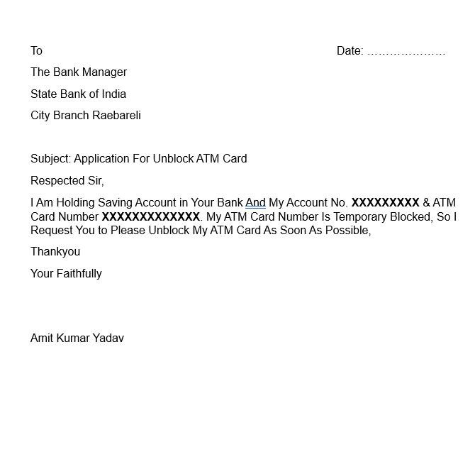 Writing a Letter Application to Unblock SBI ATM Card